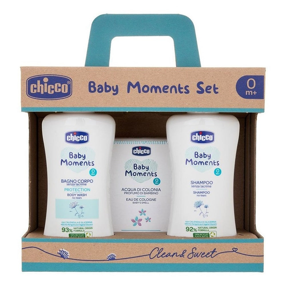 Chicco Baby Moments Set clean & sweet - Bagno Corpo 200 ml - Shampoo 200 ml - Acqua di Colonia 100 ml