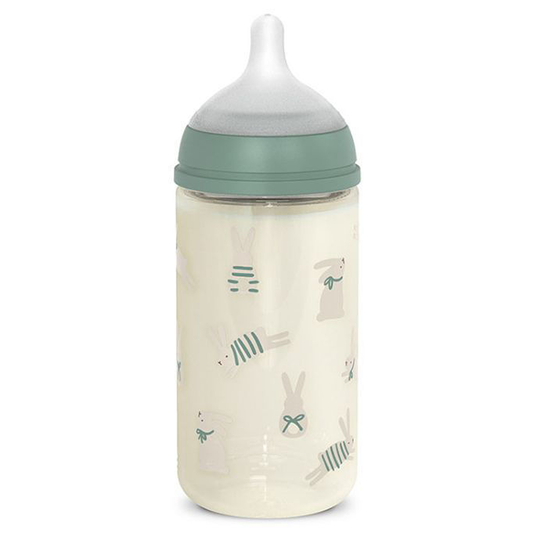 Suavinex Wonder Biberon In Vetro Tettarella In Silicone Flusso Medio Coniglio Verde 240 ml 3+ Mesi