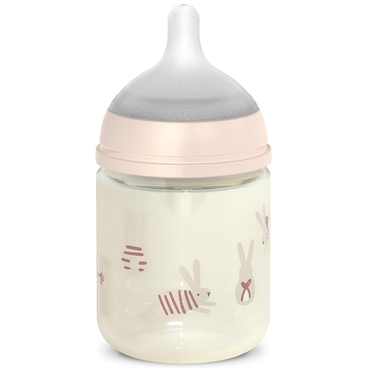 Suavinex Wonder Biberon In Vetro Tettarella In Silicone Flusso Lento Coniglio Rosa 120 ml 0+ Mesi