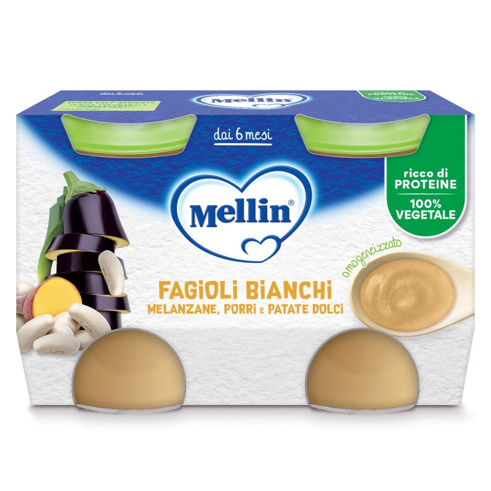 Mellin Omogeneizzato Fagioli Bianchi Con Melanzane, Porri E Patate Dolci 2x130 gr