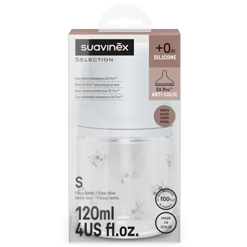 Suavinex Poetry Biberon In vetro Tettarella In Silicone Sx Pro Flusso Lento Azzurro 120 ml 0+ Mesi