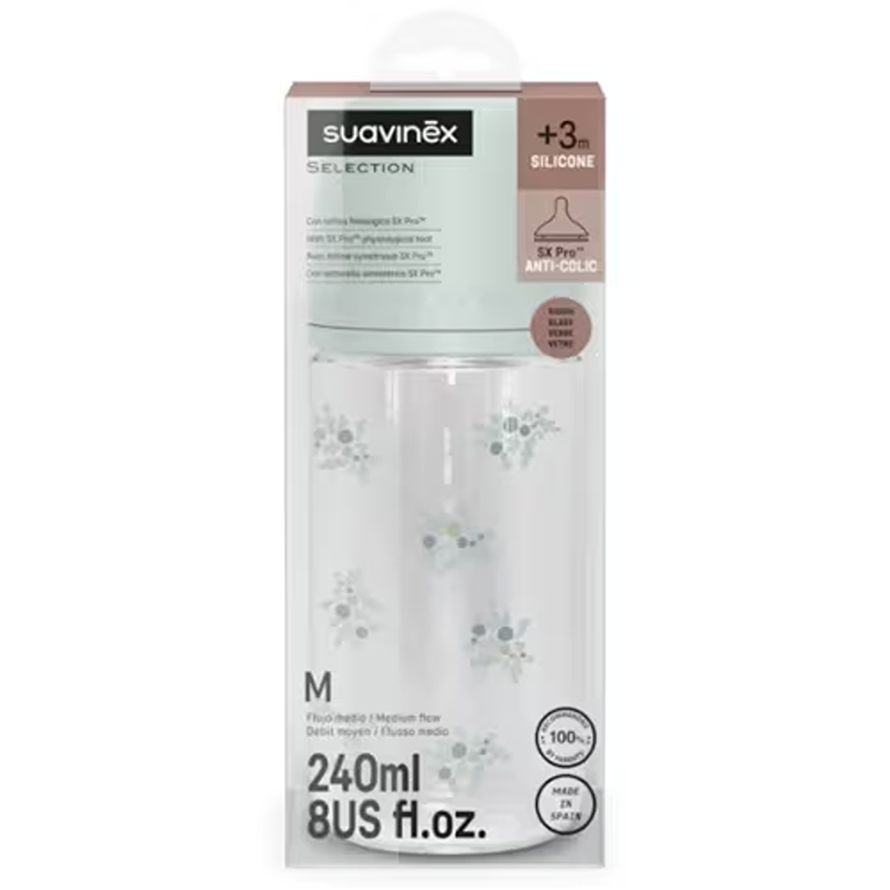 Suavinex Poetry Biberon In vetro Tettarella In Silicone Sx Pro Flusso Medio Azzurro 240 ml 3+ Mesi