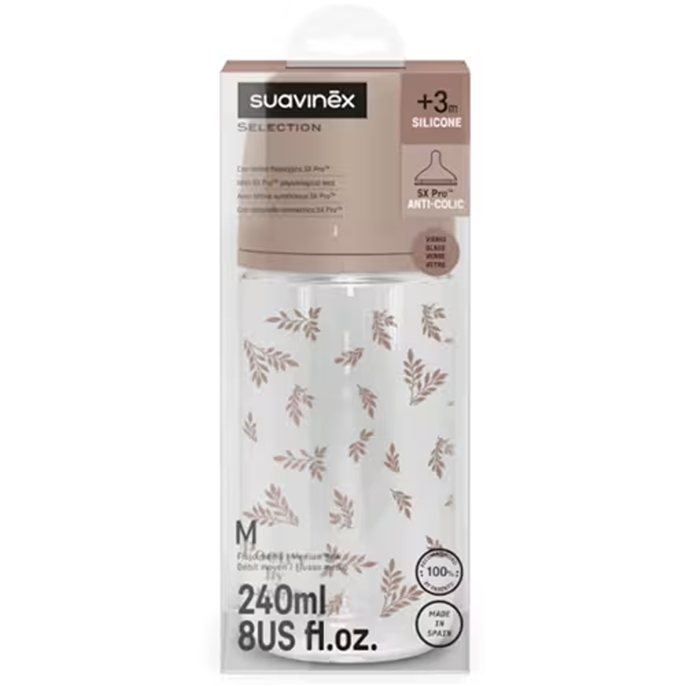 Suavinex Poetry Biberon In vetro Tettarella In Silicone Sx Pro Flusso Medio Neutro 240 ml 3+ Mesi