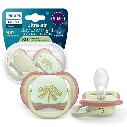 Philips Avent Ultra Air Day & Night Succhietti Ortodontici Verde E Foglia 6-18 Mesi 2 Pezzi