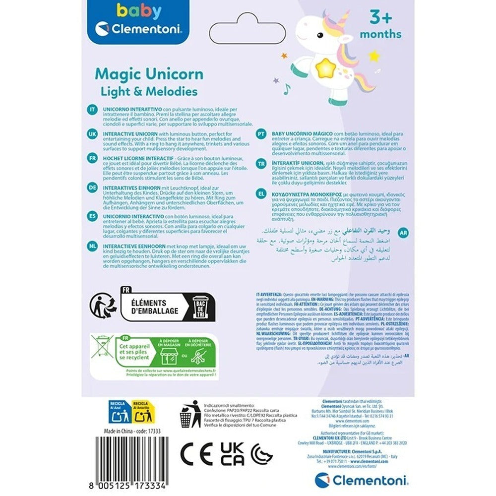 Clementoni Baby Magic Unicorn - Light & Melodies - Sonaglino Unicorno Interattivo