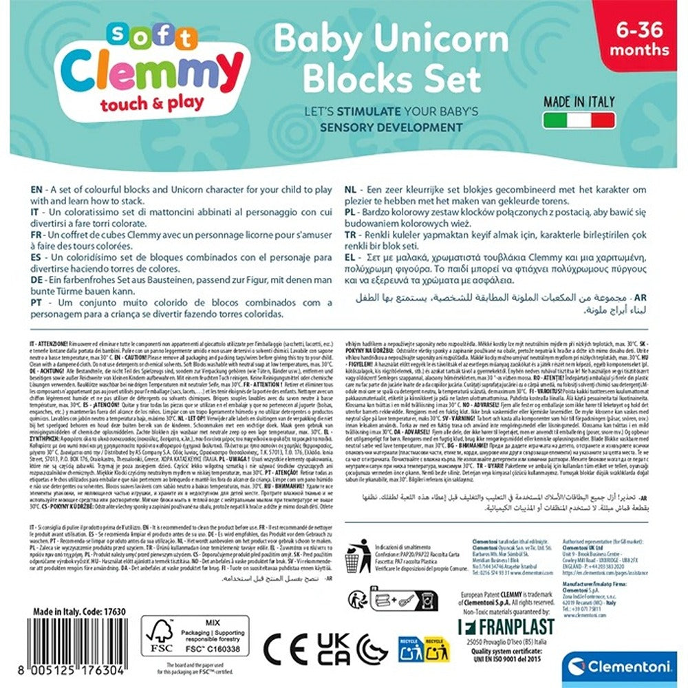 Clementoni Soft Clemmy Set Mattoncini Morbidi Con Personaggio Unicorno 10 Pezzi