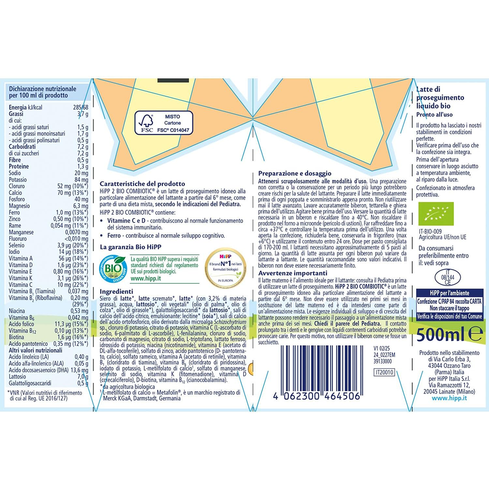 HiPP Bio Combiotic 2 Latte Liquido Di Proseguimento 500ml