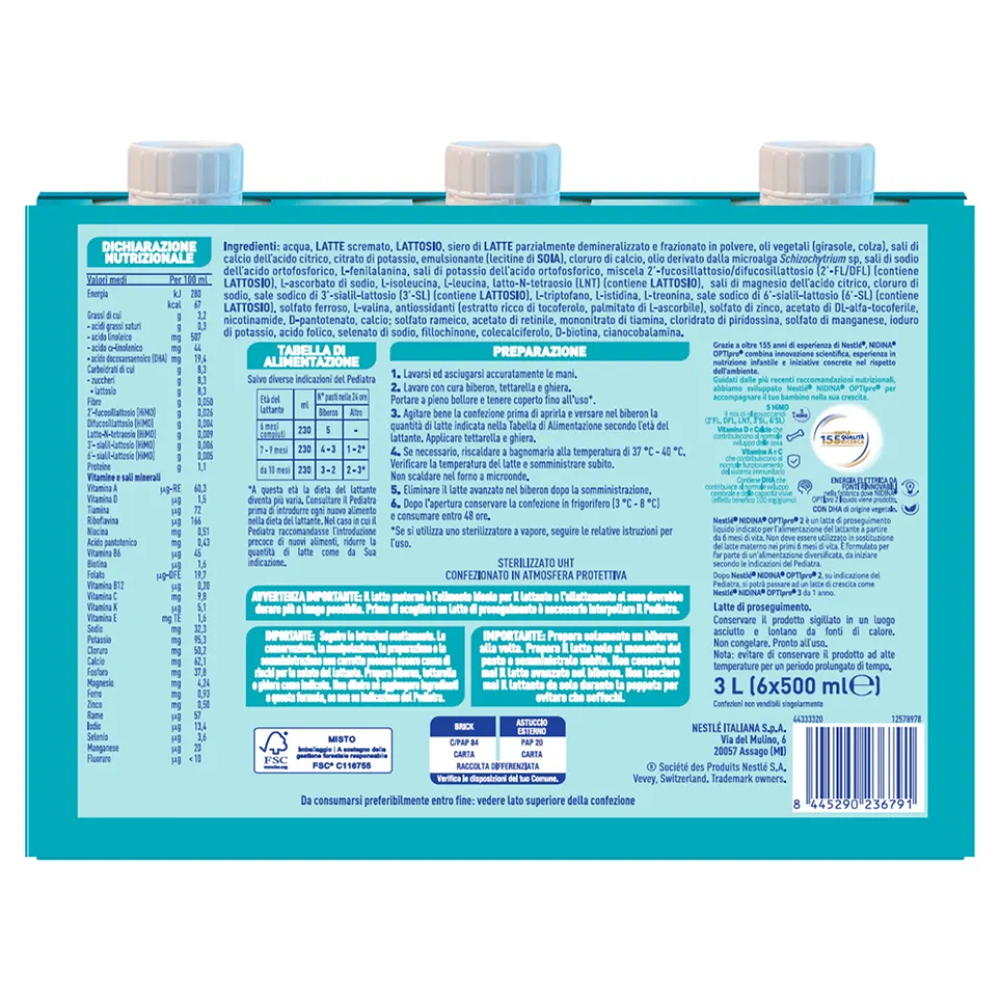 Nestlé Nidina Optipro 2 Latte Liquido Di Proseguimento 6x500 ml