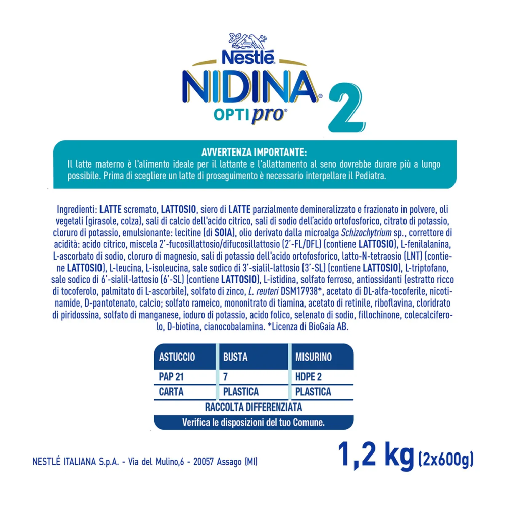 Nestlé Nidina Optipro 2 Latte In Polvere Di Proseguimento 1200 gr