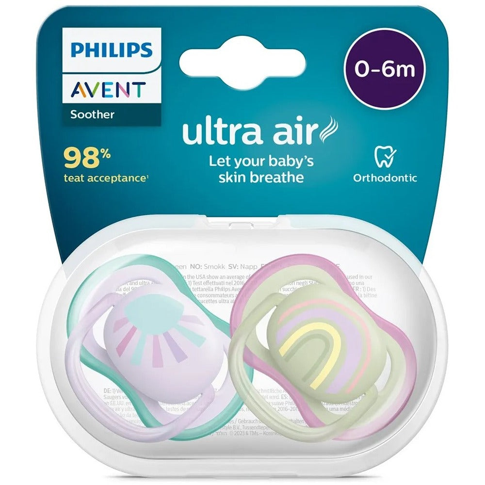 Philips Avent Ultra Air Succhietti Ortodontici Sole E Arcobaleno Lilla E Verde 0-6 Mesi 2 Pezzi