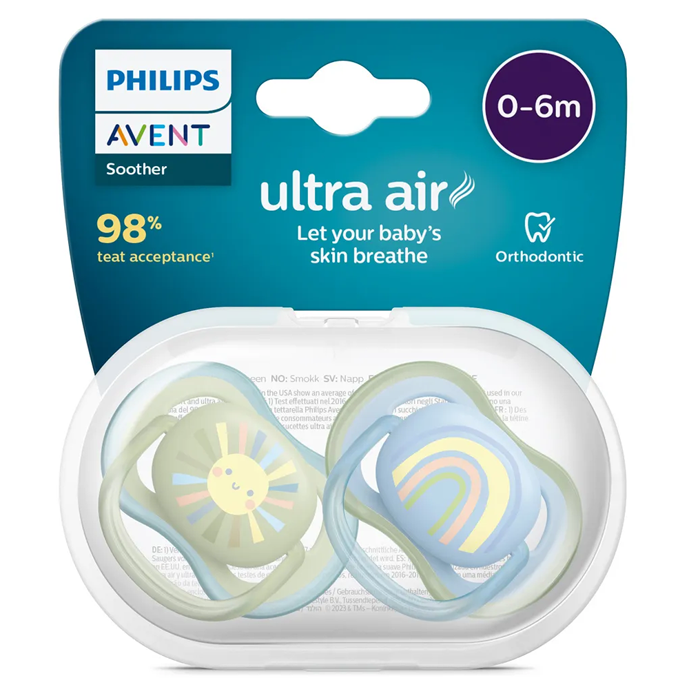 Philips Avent Ultra Air Succhietti Ortodontici Sole E Arcobaleno Blu E Verde 0-6 Mesi 2 Pezzi