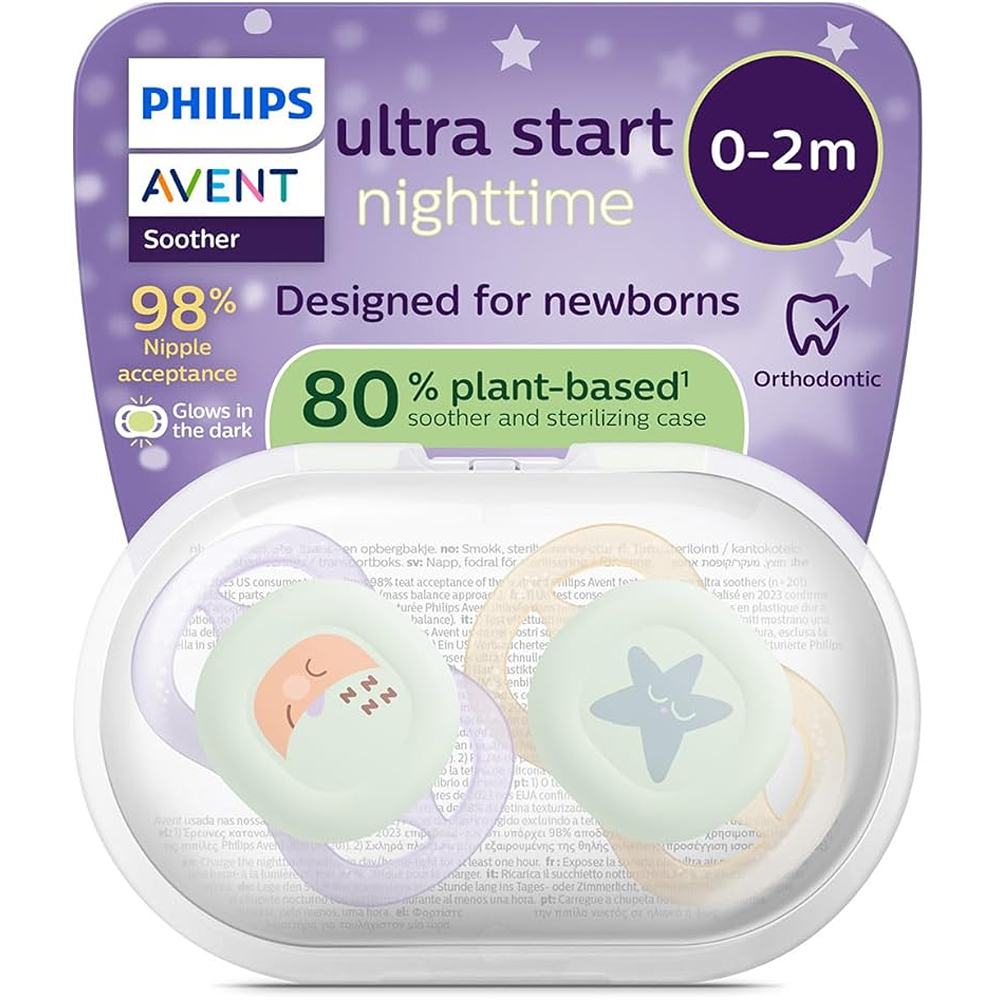Philips Avent Ultra Start Nighttime Succhietti Ortodontici Viola E Arancione Con Luna E Stella 0-2 Mesi 2 Pezzi