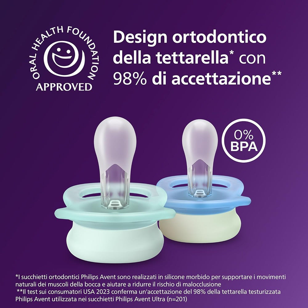 Philips Avent Ultra Start Nighttime Succhietti Ortodontici Viola E Arancione Con Luna E Stella 0-2 Mesi 2 Pezzi