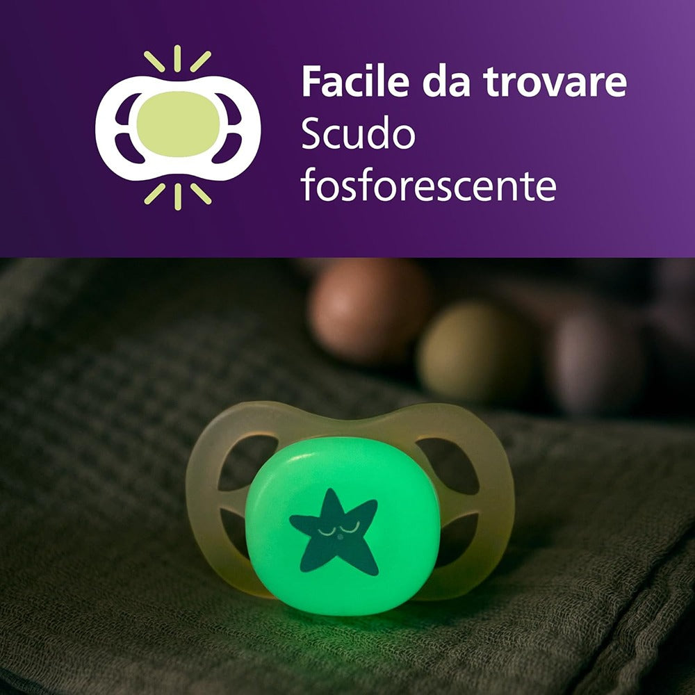 Philips Avent Ultra Start Nighttime Succhietti Ortodontici Viola E Arancione Con Luna E Stella 0-2 Mesi 2 Pezzi