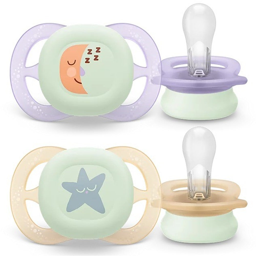Philips Avent Ultra Start Nighttime Succhietti Ortodontici Viola E Arancione Con Luna E Stella 0-2 Mesi 2 Pezzi