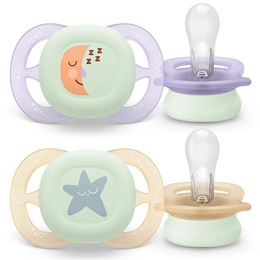 Philips Avent Ultra Start Nighttime Succhietti Ortodontici Viola E Arancione Con Luna E Stella 0-2 Mesi 2 Pezzi