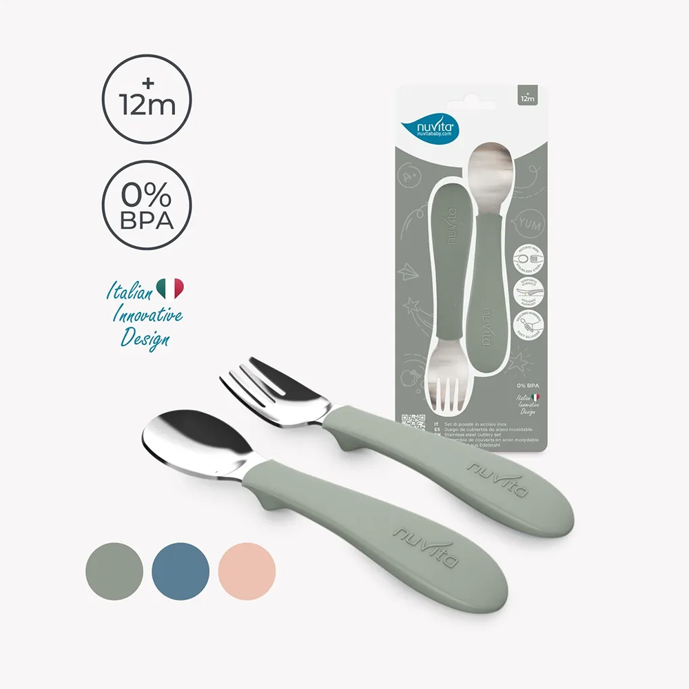 Nuvita KiddieKit Set Posate Bimbi In Acciaio Con Impugnatura In Silicone English Rose
