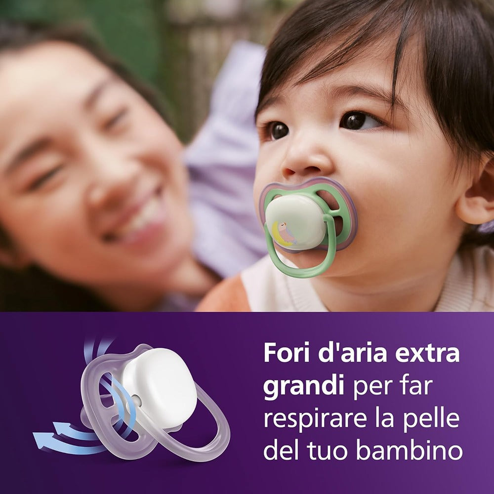 Philips Avent Ultra Air Nighttime Succhietti Ortodontici Uccellino E Farfalla 6-18 Mesi 2 Pezzi