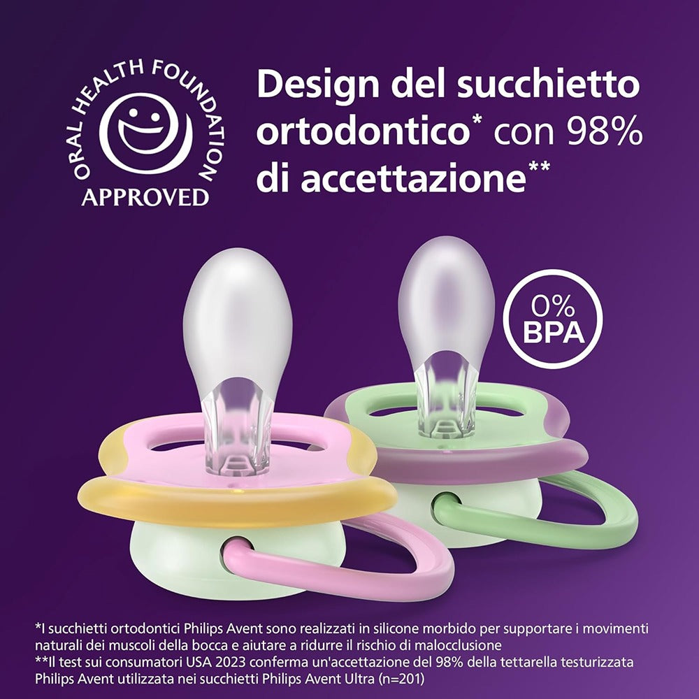 Philips Avent Ultra Air Nighttime Succhietti Ortodontici Uccellino E Farfalla 6-18 Mesi 2 Pezzi