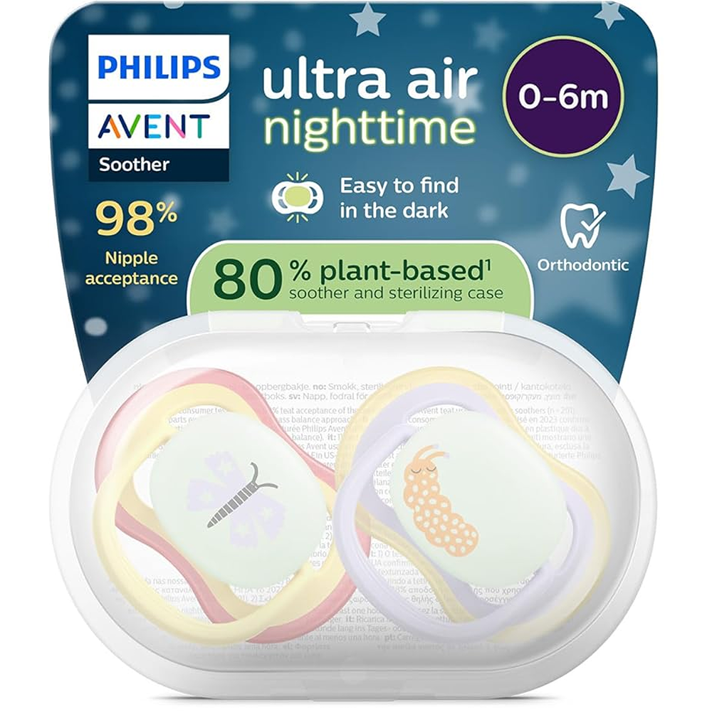 Philips Avent Ultra Air Nighttime Succhietti Ortodontici Farfalla E Bruco 0-6 Mesi 2 Pezzi