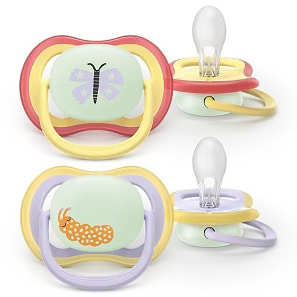 Philips Avent Ultra Air Nighttime Succhietti Ortodontici Farfalla E Bruco 0-6 Mesi 2 Pezzi