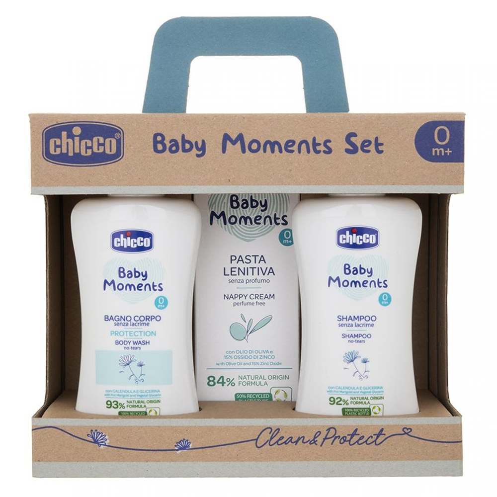 Chicco Baby Moments Set Clean & Protect Bagno Corpo 200 ml - Shampoo 200 ml - Pasta Lenitiva 100 ml