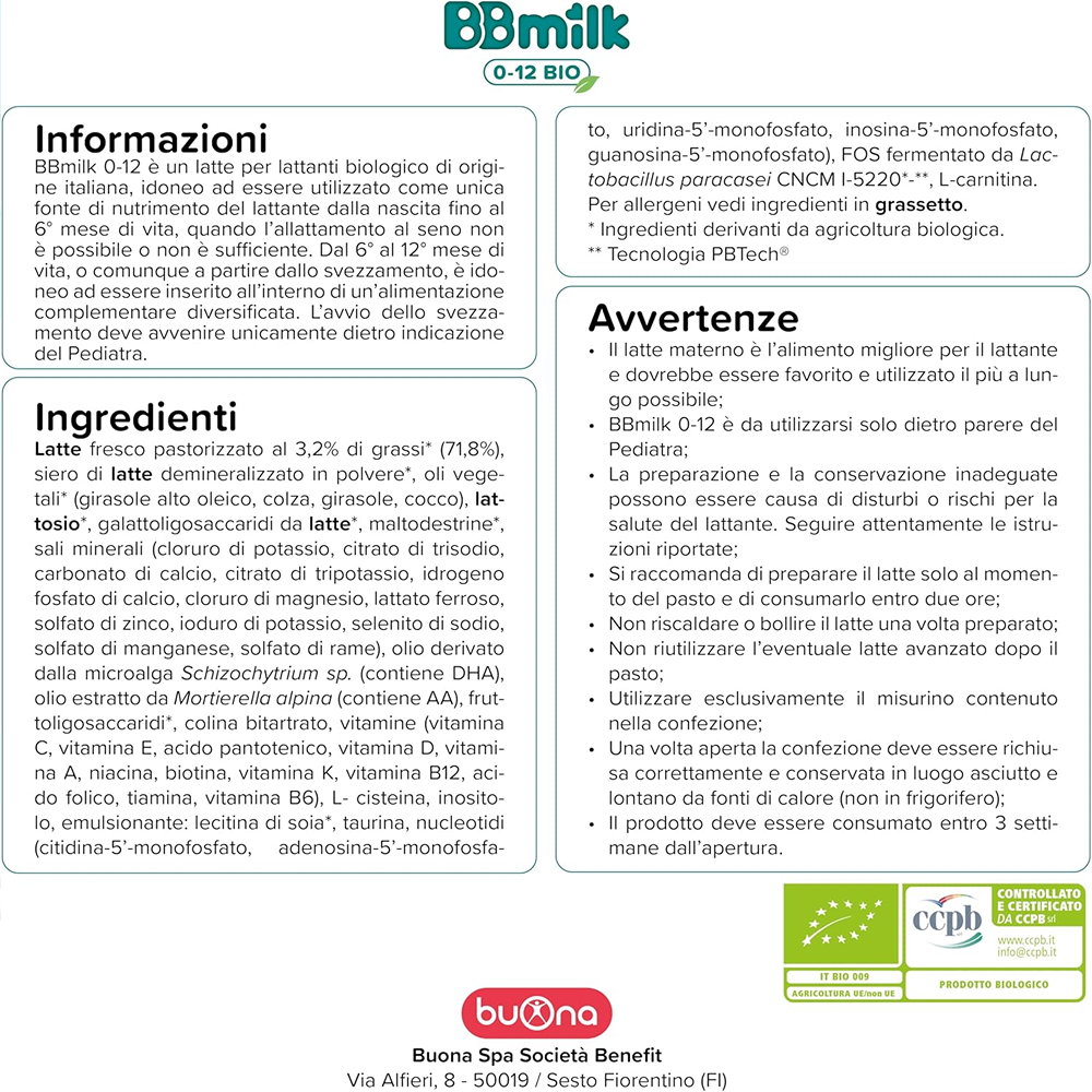 BBmilk 0-12 Latte In Polvere Bio Per Lattanti 800 gr