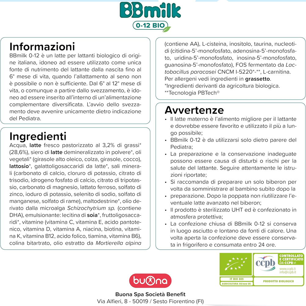 BBmilk 0-12 Latte Liquido Bio Per Lattanti 500 ml
