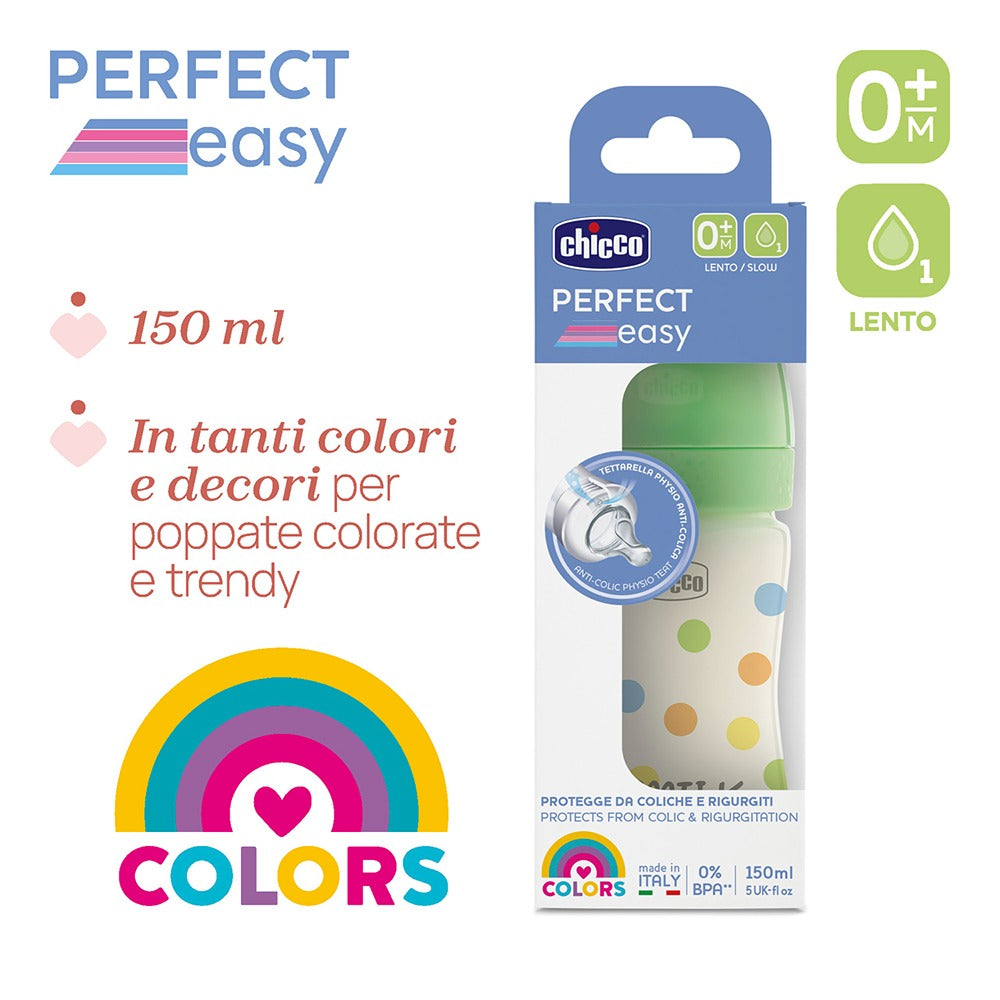 Chicco Biberon Perfect Easy Tettarella Physio In Silicone Flusso Lento Verde 150 ml 0+ Mesi