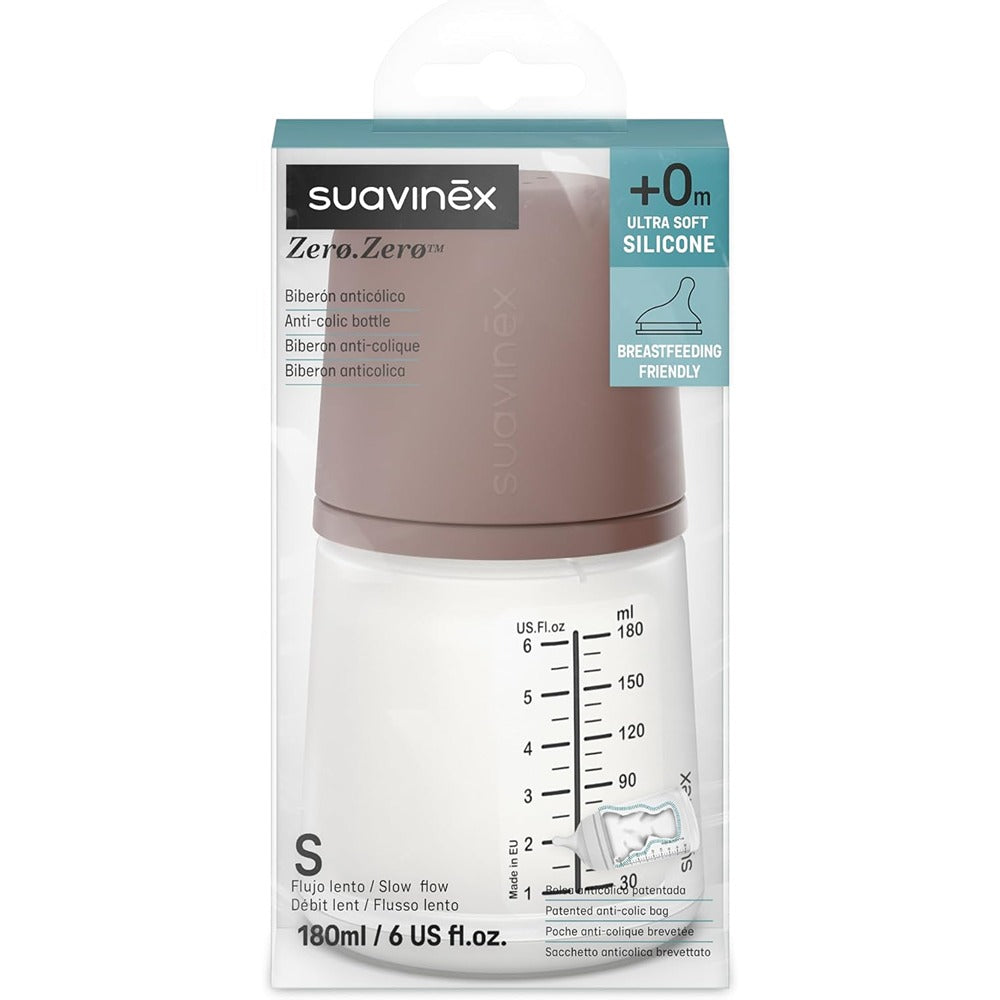 Suavinex Zero.Zero Biberon Anti-Coliche Tettarella In Silicone 180 ml Flusso Lento (S) Deep 0+ Mesi