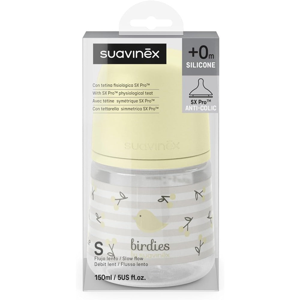 Suavinex Biberon Birdies Tettarella In Silicone Sx Pro Flusso Lento Neutro 150 ml 0+ Mesi