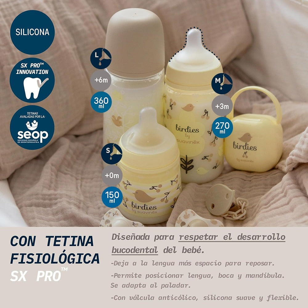 Suavinex Biberon Birdies Tettarella In Silicone Sx Pro Flusso Lento Neutro 150 ml 0+ Mesi