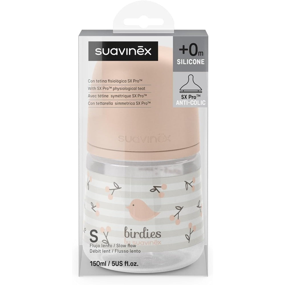 Suavinex Biberon Birdies Tettarella In Silicone Sx Pro Flusso Lento Rosa 150 ml 0+ Mesi