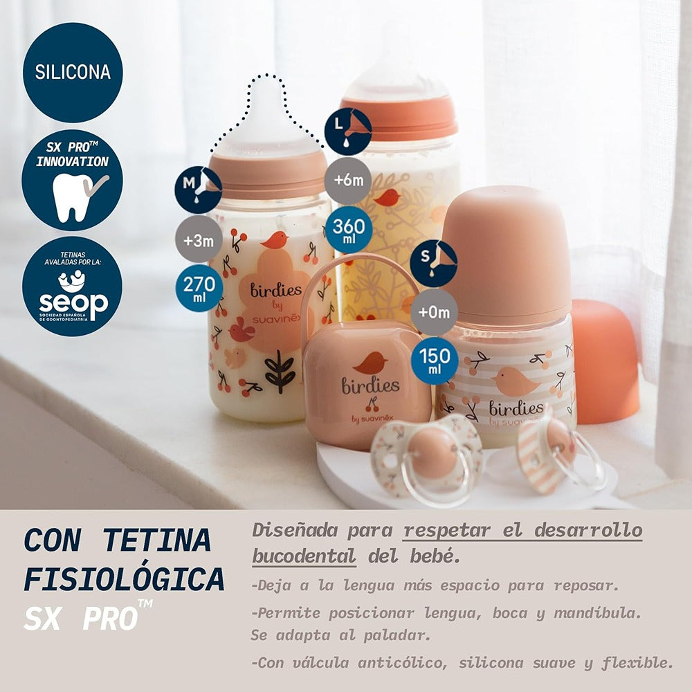 Suavinex Biberon Birdies Tettarella In Silicone Sx Pro Flusso Lento Rosa 150 ml 0+ Mesi