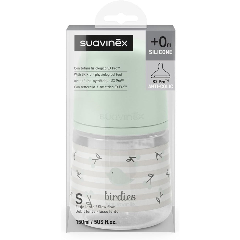 Suavinex Biberon Birdies Tettarella In Silicone Sx Pro Flusso Lento Verde 150 ml 0+ Mesi