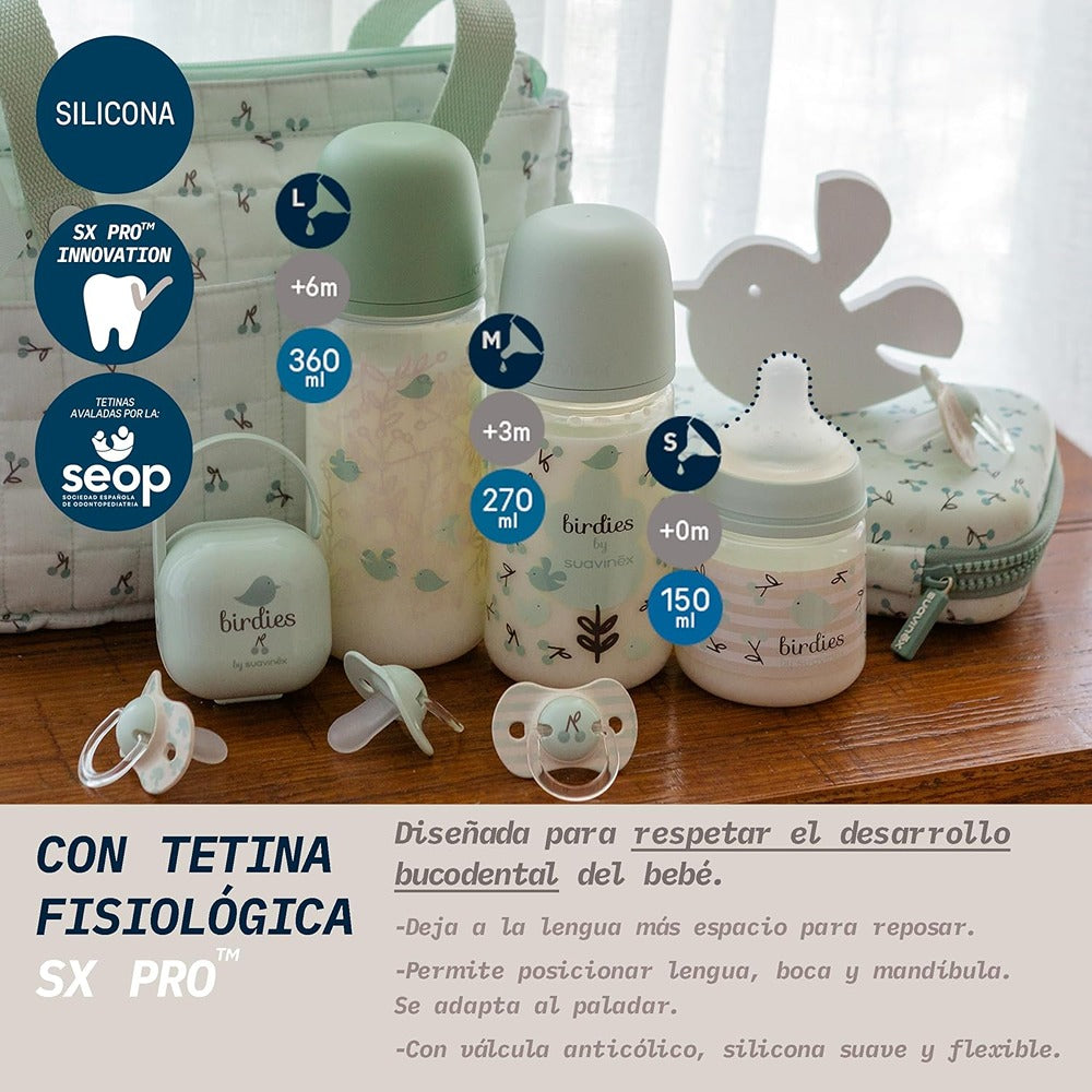 Suavinex Biberon Birdies Tettarella In Silicone Sx Pro Flusso Lento Verde 150 ml 0+ Mesi