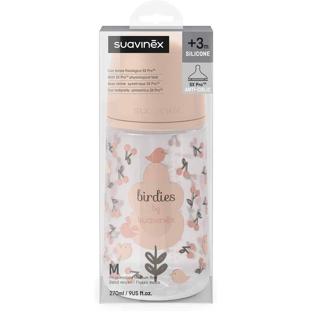 Suavinex Biberon Birdies Tettarella In Silicone Sx Pro Flusso Medio Rosa 270 ml 3+ Mesi