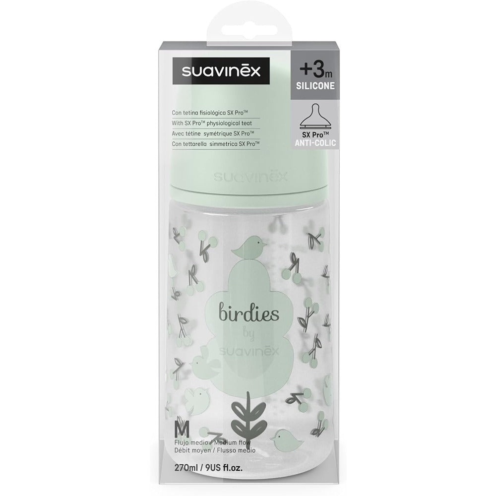 Suavinex Biberon Birdies Tettarella In Silicone Sx Pro Flusso Medio Verde 270 ml 3+ Mesi