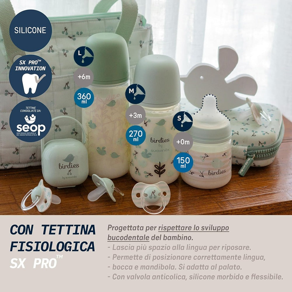 Suavinex Biberon Birdies Tettarella In Silicone Sx Pro Flusso Medio Verde 270 ml 3+ Mesi