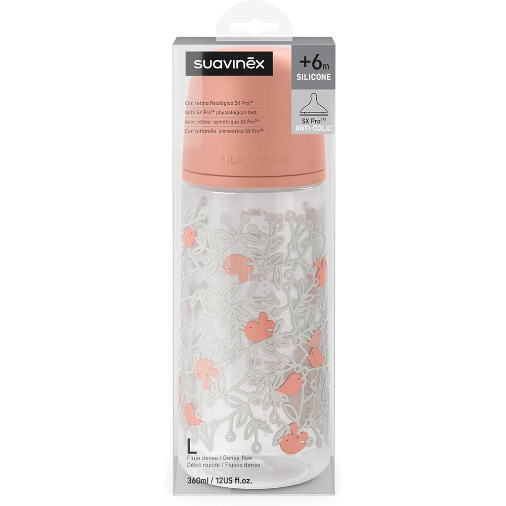 Suavinex Biberon Birdies Tettarella In Silicone Sx Pro Flusso Denso Rosa 360 ml 6+ Mesi
