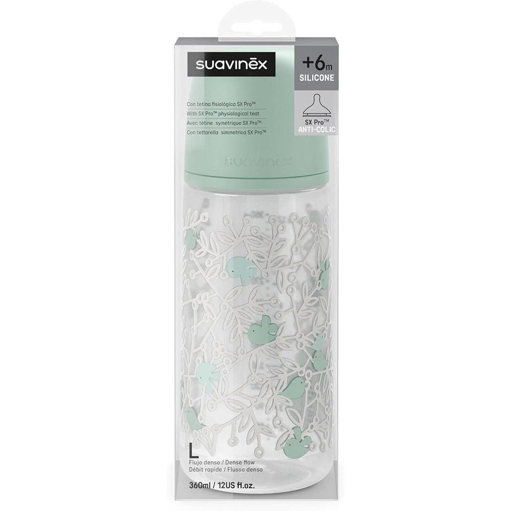 Suavinex Biberon Birdies Tettarella In Silicone Sx Pro Flusso Denso Verde 360 ml 6+ Mesi