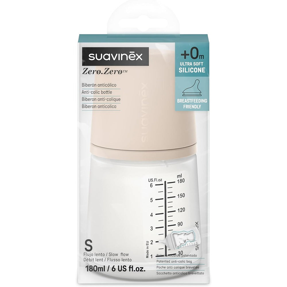Suavinex Zero.Zero Biberon Anti-Coliche Tettarella In Silicone 180 ml Flusso Lento (S) Light 0+ Mesi
