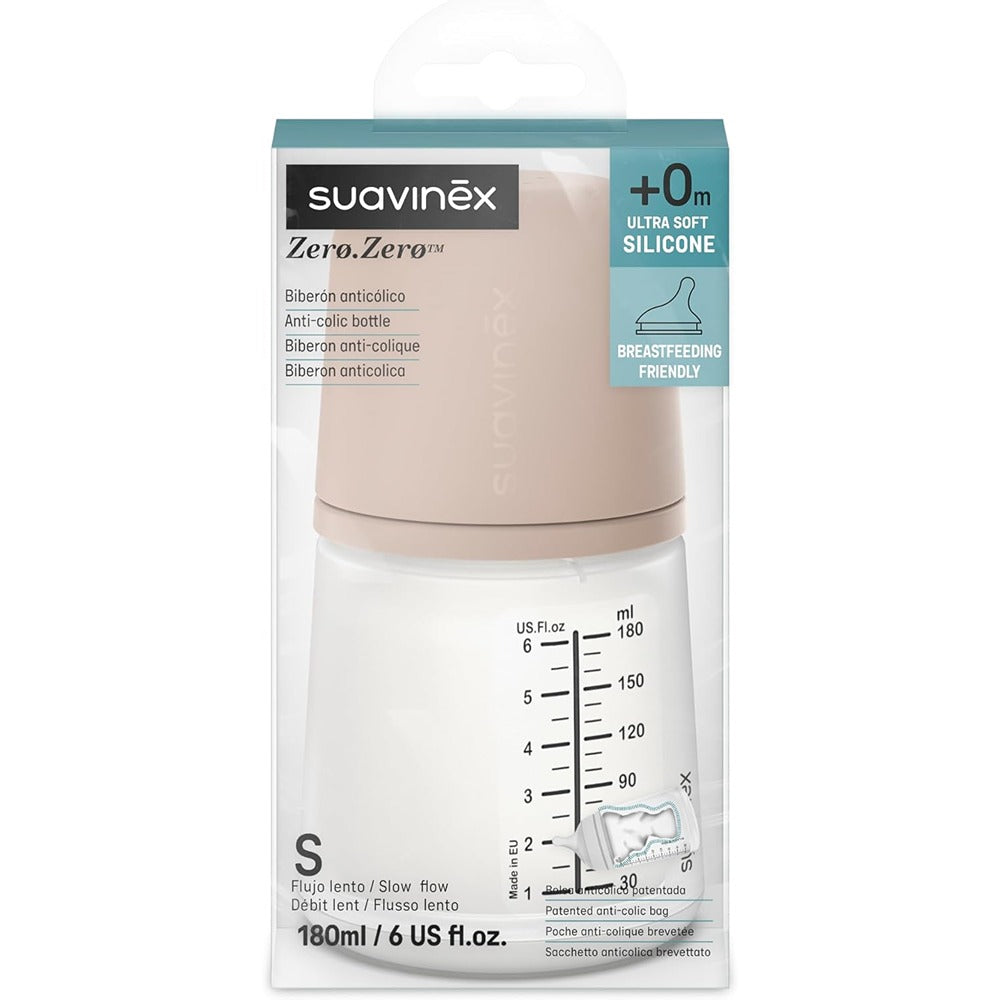 Suavinex Zero.Zero Biberon Anti-Coliche Tettarella In Silicone 180 ml Flusso Lento (S) Medium 0+ Mesi