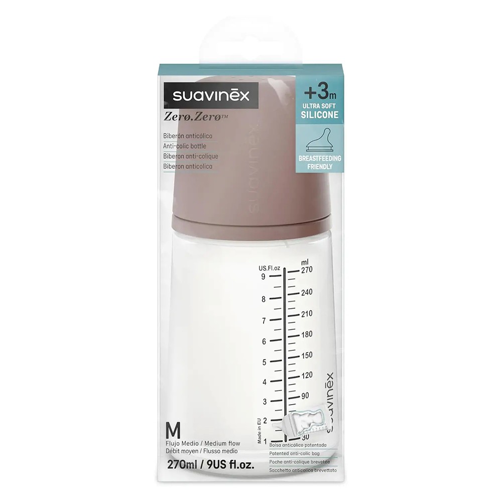 Suavinex Zero.Zero Biberon Anti-Coliche Tettarella In Silicone 270 ml Flusso Medio (M) Deep 3+ Mesi