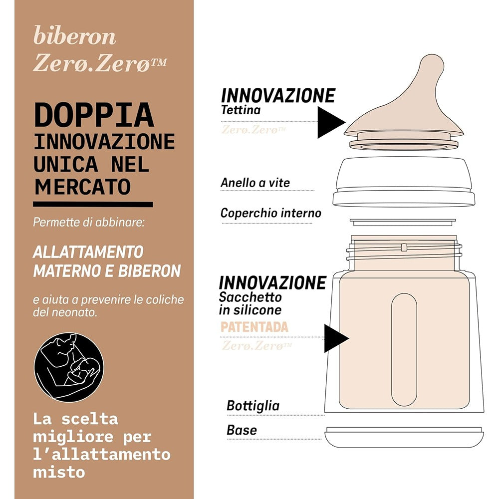 Suavinex Zero.Zero Biberon Anti-Coliche Tettarella In Silicone 270 ml Flusso Medio (M) Deep 3+ Mesi