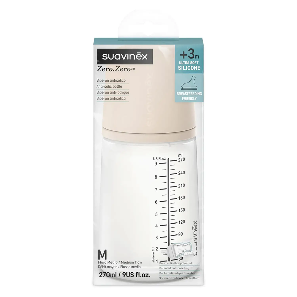 Suavinex Zero.Zero Biberon Anti-Coliche Tettarella In Silicone 270 ml Flusso Medio (M) Light 3+ Mesi