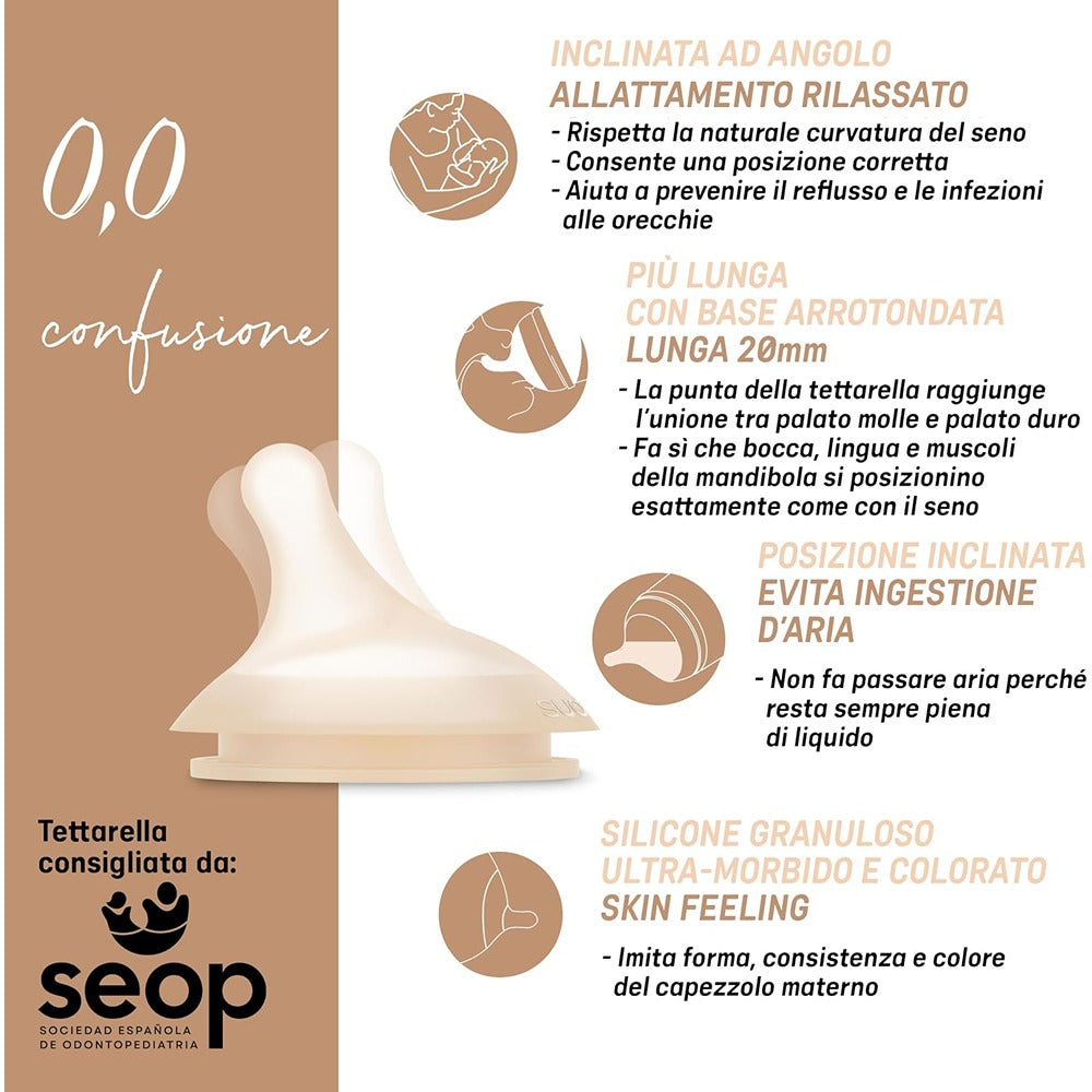 Suavinex Zero.Zero Biberon Anti-Coliche Tettarella In Silicone 270 ml Flusso Medio (M) Light 3+ Mesi