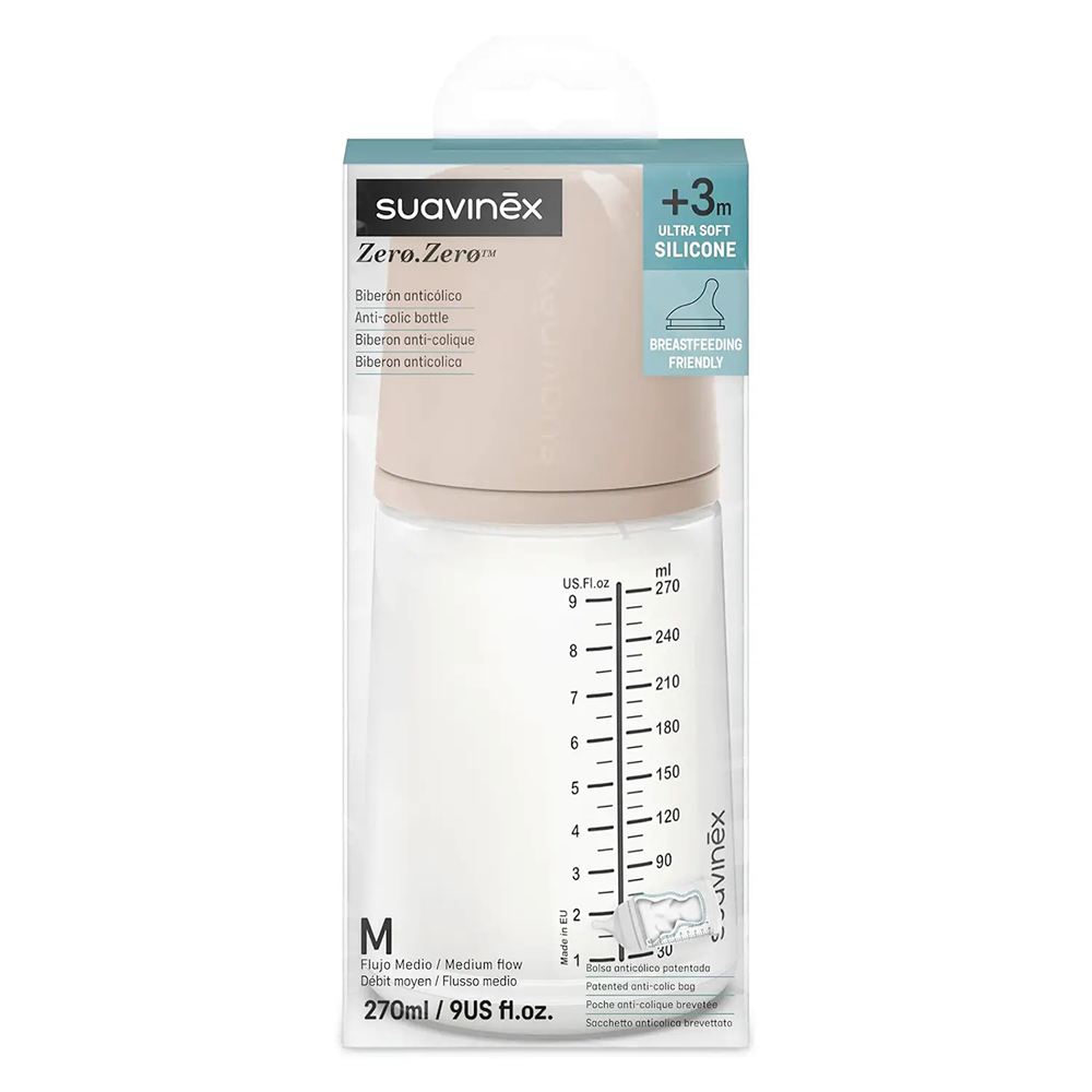 Suavinex Zero.Zero Biberon Anti-Coliche Tettarella In Silicone 270 ml Flusso Medio (M) Medium 3+ Mesi