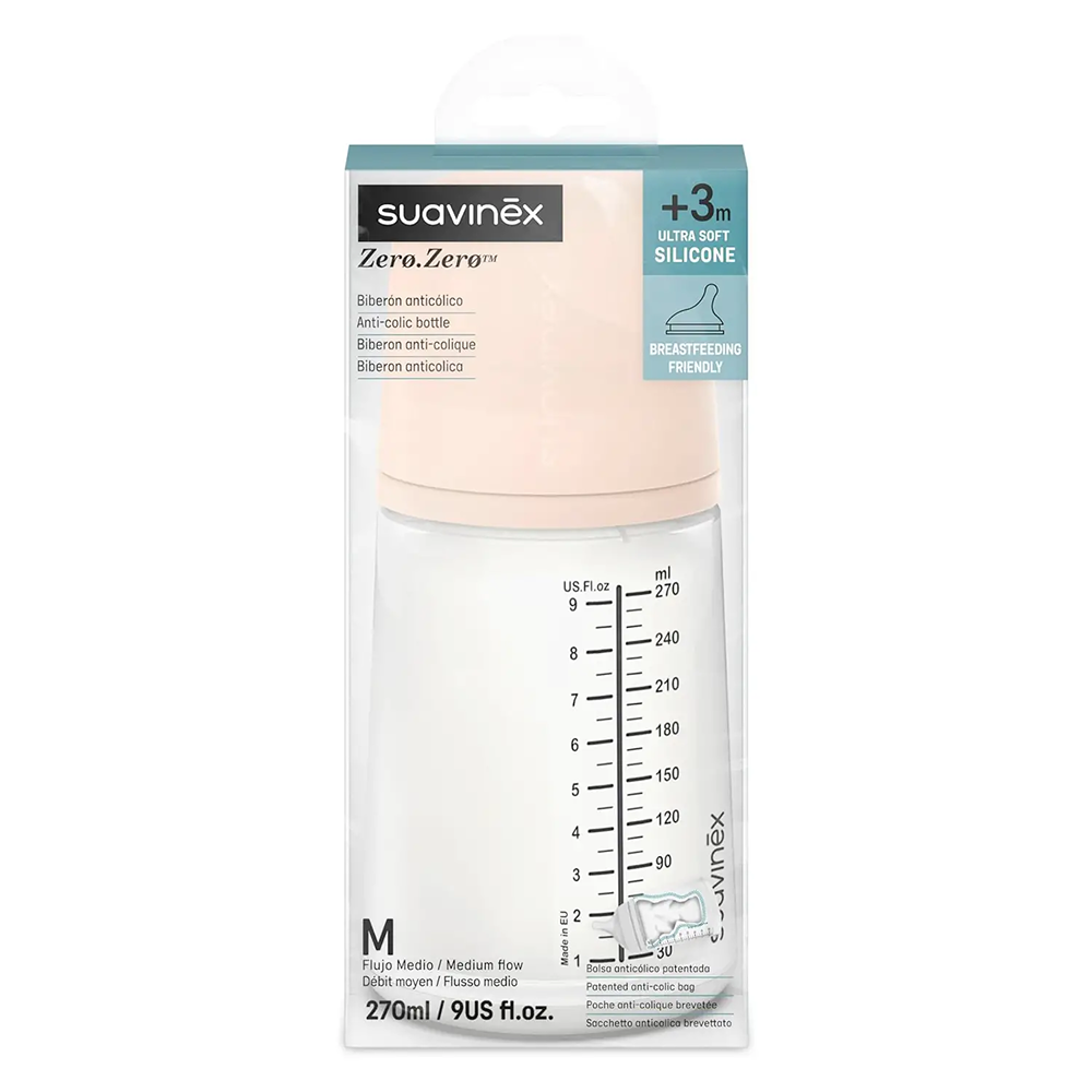 Suavinex Zero.Zero Biberon Anti-Coliche Tettarella In Silicone 270 ml Flusso Medio (M) Fair 3+ Mesi
