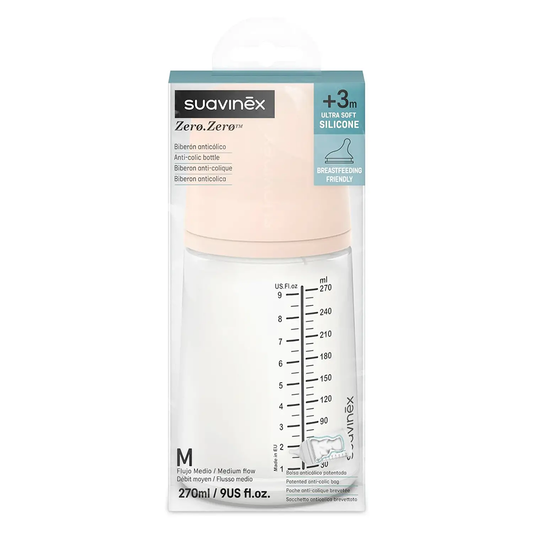 Suavinex Zero.Zero Biberon Anti-Coliche Tettarella In Silicone 270 ml Flusso Medio (M) Fair 3+ Mesi